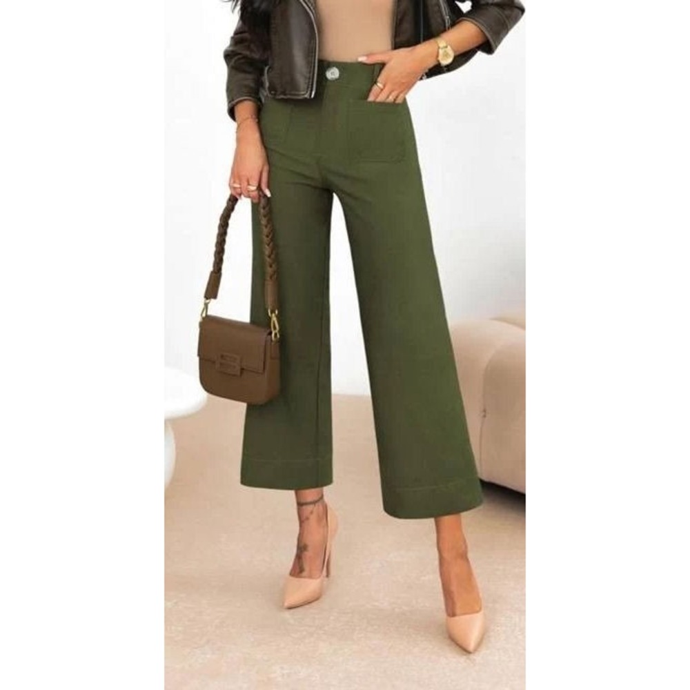 Miduo Colette Style Patch Pocket Wide Leg Crop Pants - Olive Green - Sz 31
